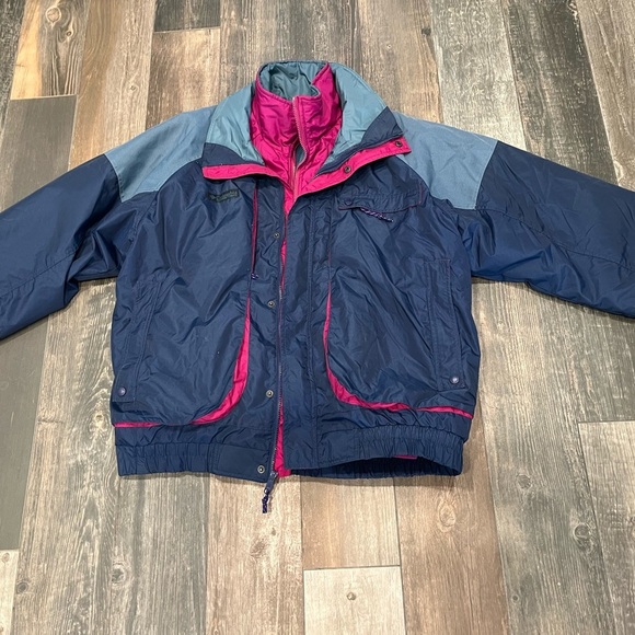 Columbia Mens L Powder Keg 3 in 1 Navy Blue Green Purple Lined Jacket Coat - Picture 9 of 16